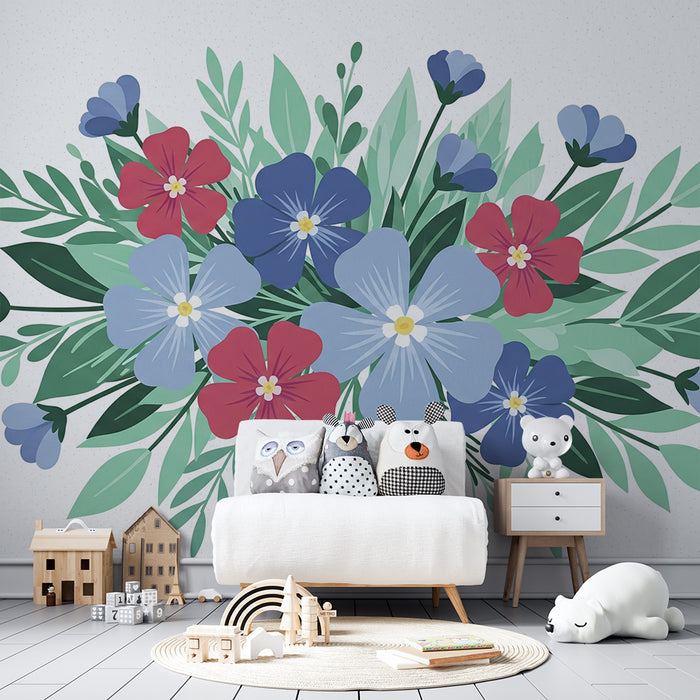 Børneværelse tapet | Farverigt blomsterbuket med delikat løvwerk