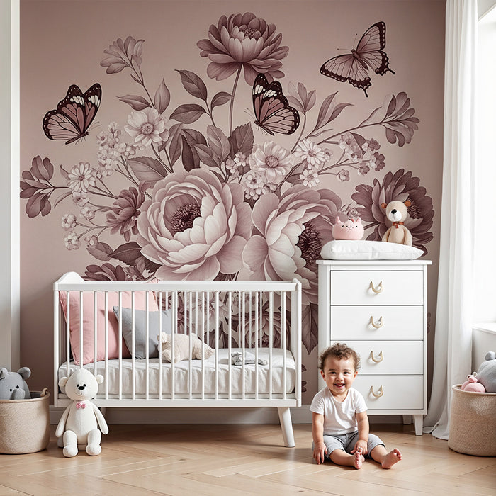 Nursery room wallpaper | Delicate flower bouquet with butterflies
