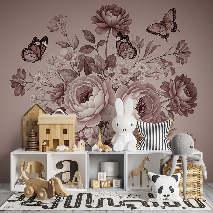 Nursery room wallpaper | Delicate flower bouquet with butterflies