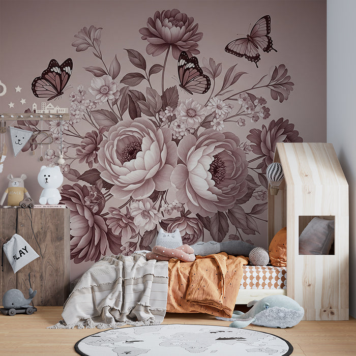 Nursery room wallpaper | Delicate flower bouquet with butterflies