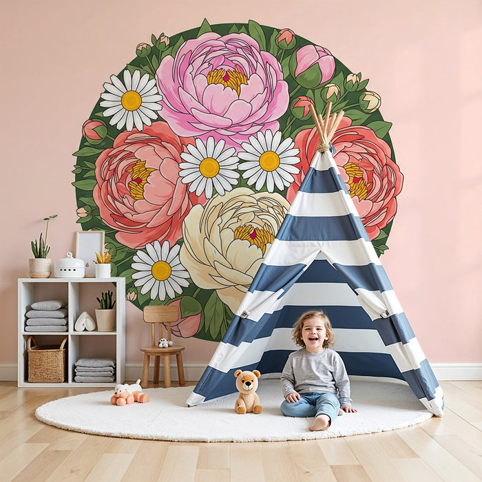 Tapeta dětského pokoje | Něžný květinový kyt s pivoňkami a sedmikráskami