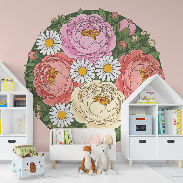 Tapeta dětského pokoje | Něžný květinový kyt s pivoňkami a sedmikráskami
