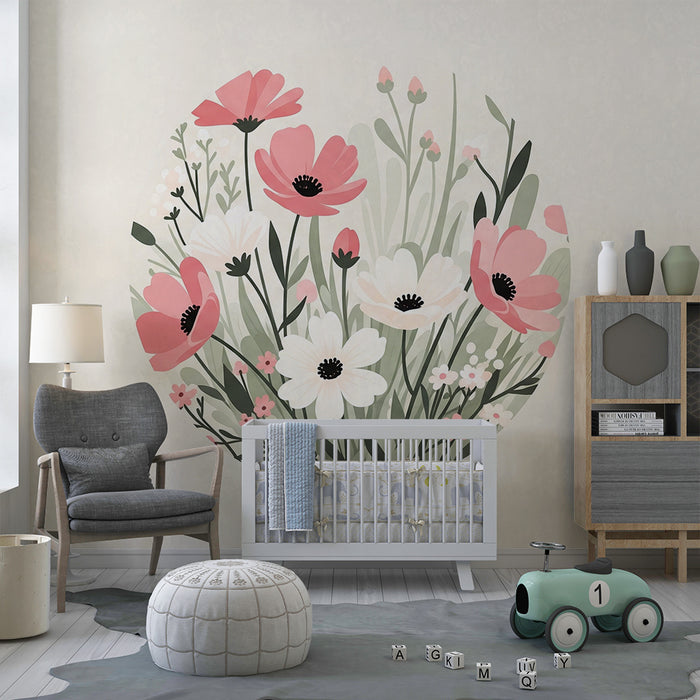 Papier peint chambre bébé | Bouquet de fleurs délicates dans des tons doux