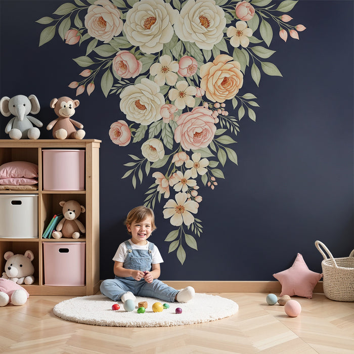 Papier peint chambre bébé | Bouquet de fleurs délicates sur fond sombre