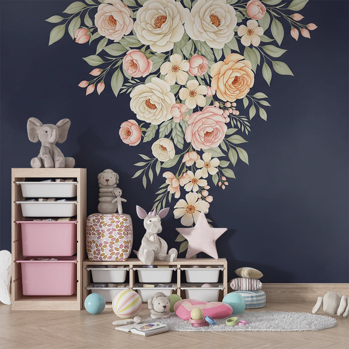 Papier peint chambre bébé | Bouquet de fleurs délicates sur fond sombre