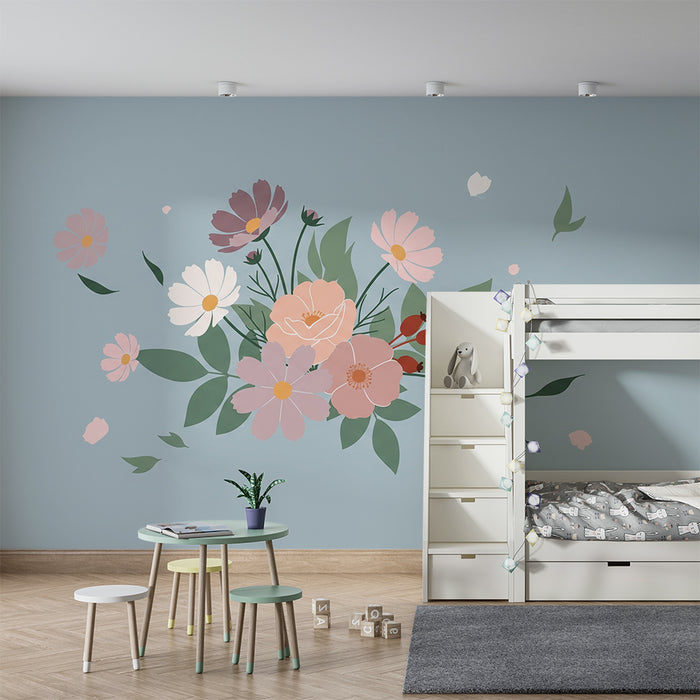 Papel de parede quarto bebê | Ramalhete de flores pastel em fundo azul calmante
