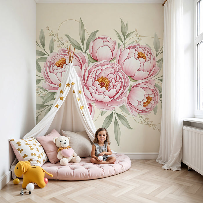 Papel de parede quarto bebê | Ramo de peônias delicadas