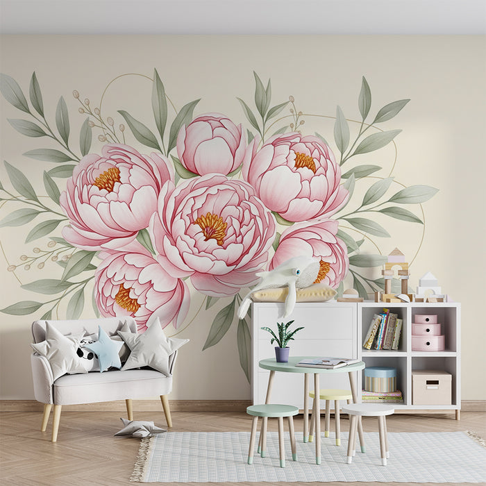 Papel de parede quarto bebê | Ramo de peônias delicadas