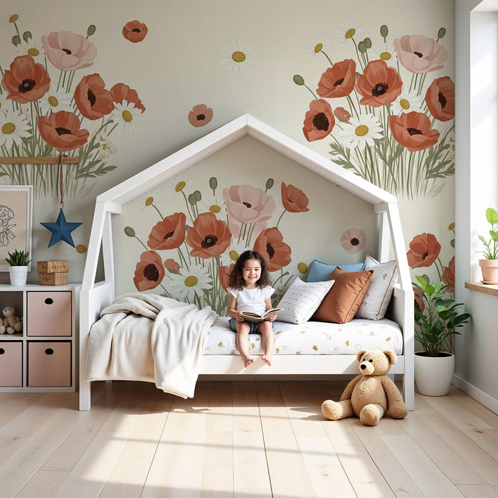 Papel de parede quarto bebê | Buquês de papoilas e margaridas
