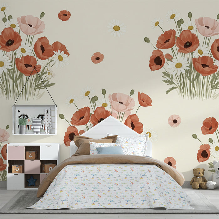 Papel de parede quarto bebê | Buquês de papoilas e margaridas
