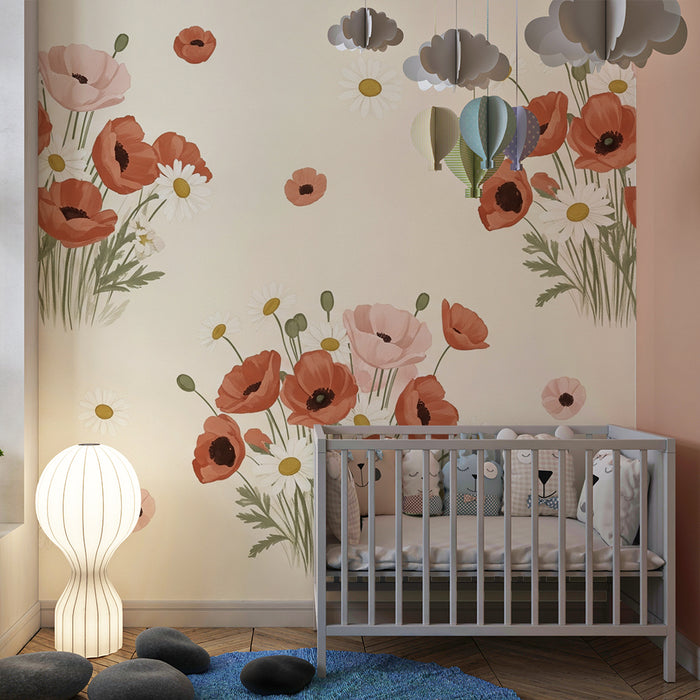 Papel de parede quarto bebê | Buquês de papoilas e margaridas