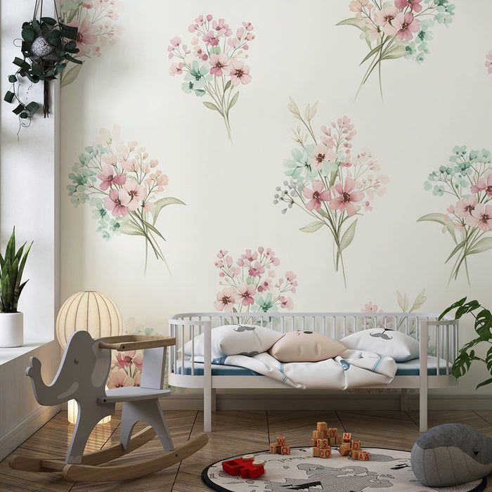 Papier peint chambre bébé | Bouquets de fleurs délicates en aquarelle pastel