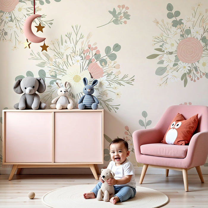 Papel de parede quarto bebê | Buquês de flores delicadas em fundo suave