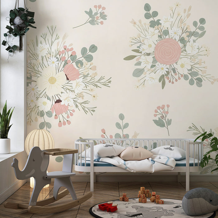 Papel de parede quarto bebê | Buquês de flores delicadas em fundo suave