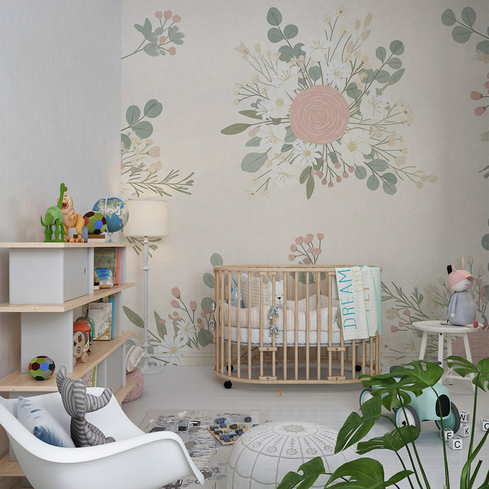 Papel de parede quarto bebê | Buquês de flores delicadas em fundo suave