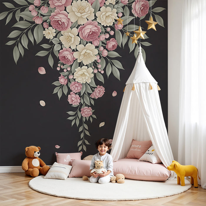 Nursery room wallpaper | Delicate flower bouquets on dark background