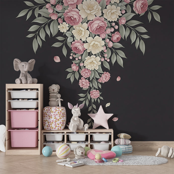 Nursery room wallpaper | Delicate flower bouquets on dark background