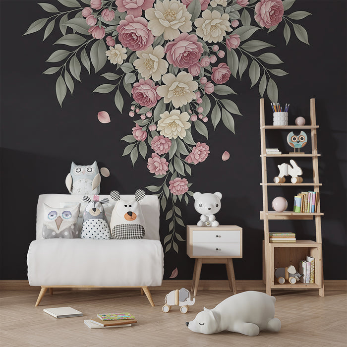 Nursery room wallpaper | Delicate flower bouquets on dark background