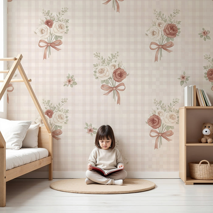Papier peint chambre bébé | Bouquets de fleurs délicates sur fond vichy rose