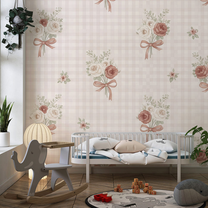 Papier peint chambre bébé | Bouquets de fleurs délicates sur fond vichy rose