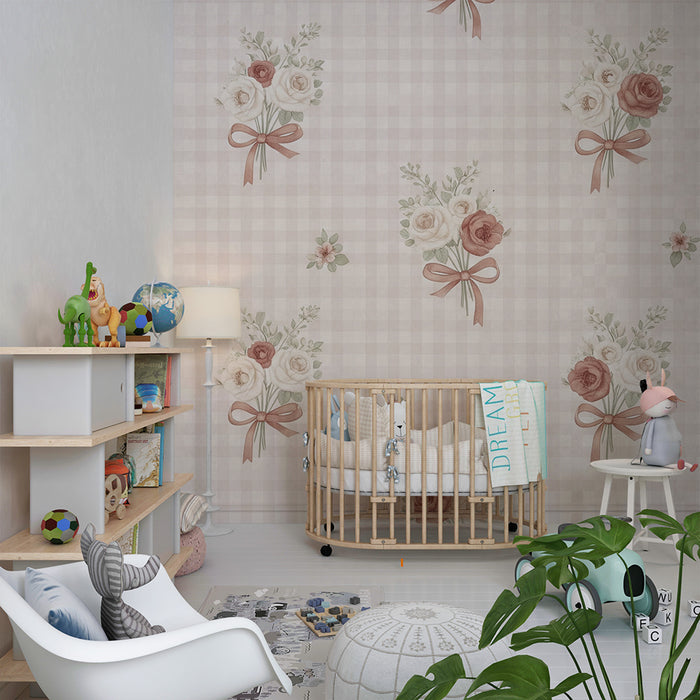Papier peint chambre bébé | Bouquets de fleurs délicates sur fond vichy rose