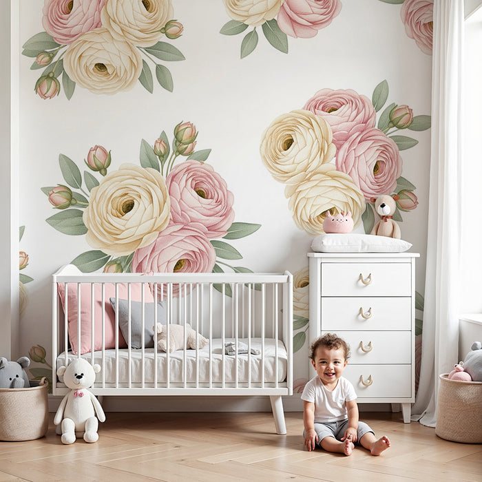 Papel de parede quarto bebê | Buquês de flores delicadas