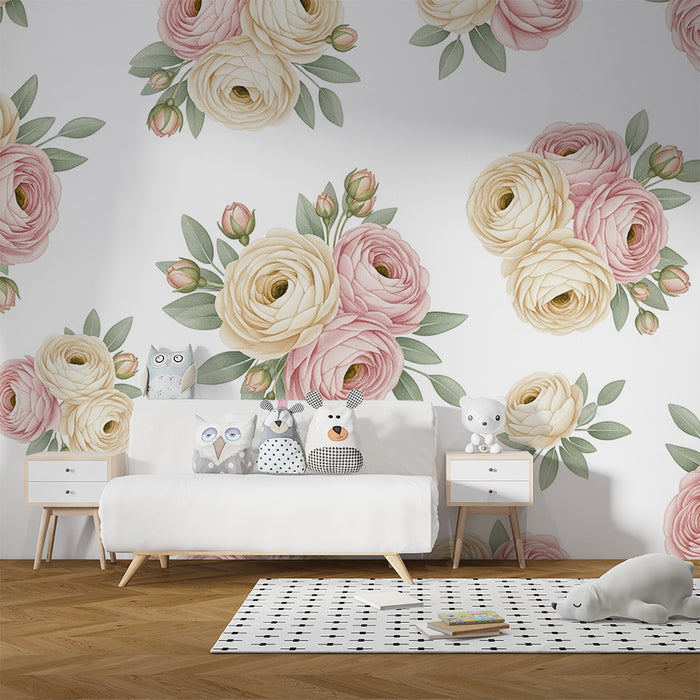 Papel de parede quarto bebê | Buquês de flores delicadas