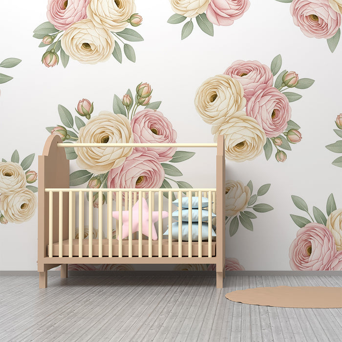 Papel de parede quarto bebê | Buquês de flores delicadas