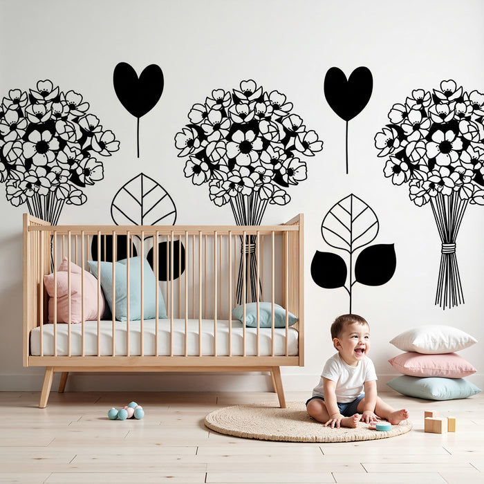 Papel pintado infantil | Bouquets de flores y corazones en blanco y negro