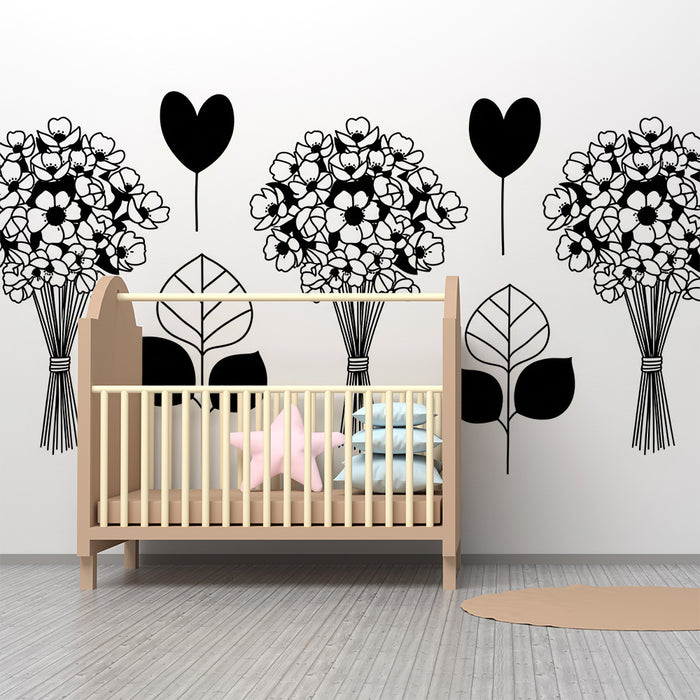 Papel pintado infantil | Bouquets de flores y corazones en blanco y negro