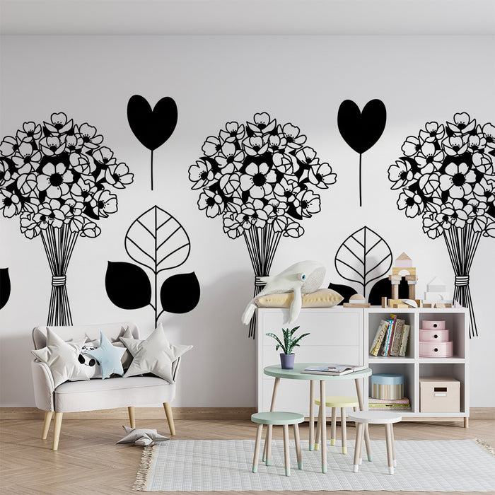 Papel pintado infantil | Bouquets de flores y corazones en blanco y negro