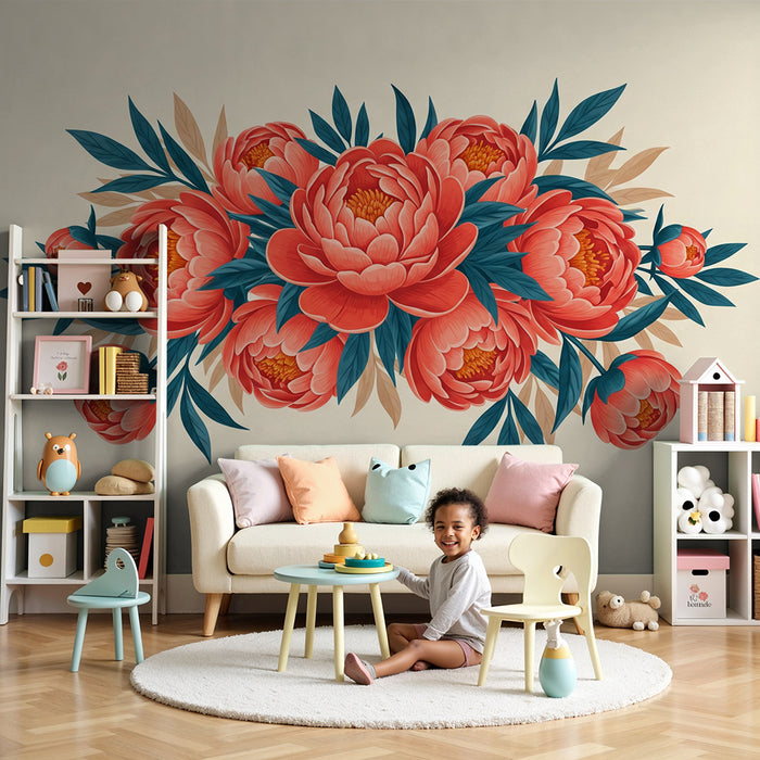 Papier peint chambre bébé | Bouquets de pivoines éclatantes sur fond doux