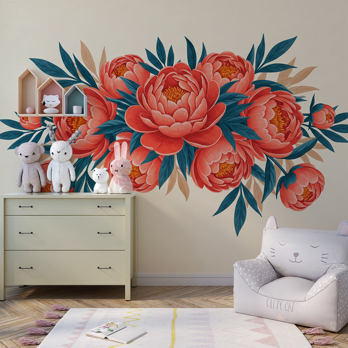Papier peint chambre bébé | Bouquets de pivoines éclatantes sur fond doux