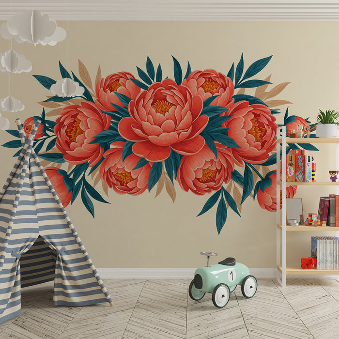 Papier peint chambre bébé | Bouquets de pivoines éclatantes sur fond doux