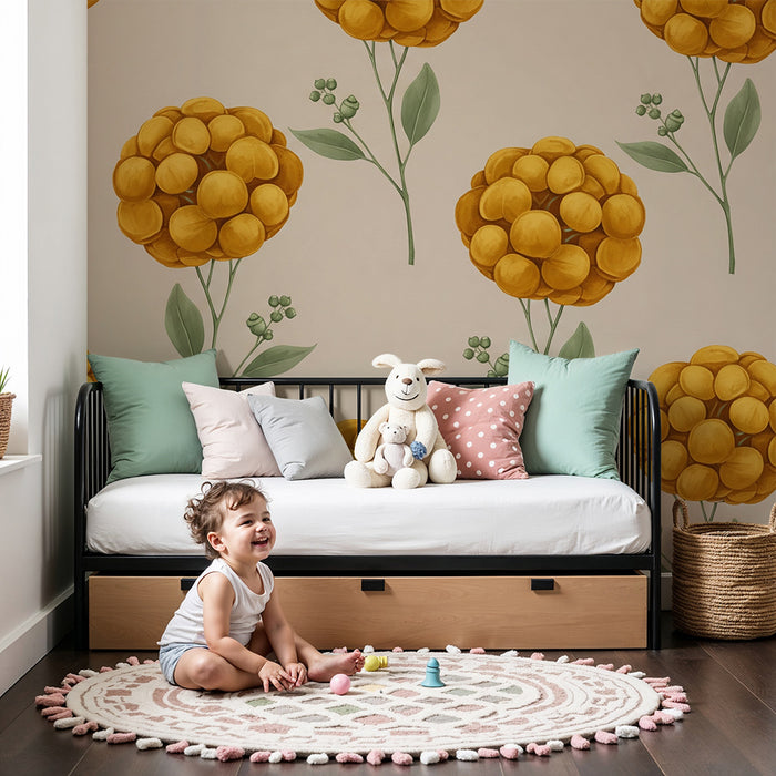 Papier peint chambre bébé | Bouquets floraux dorés sur fond doux
