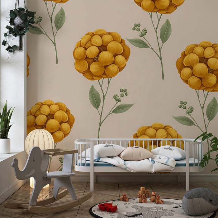 Papier peint chambre bébé | Bouquets floraux dorés sur fond doux