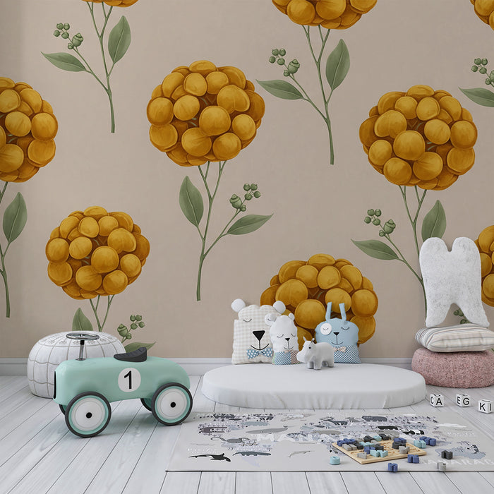 Papier peint chambre bébé | Bouquets floraux dorés sur fond doux