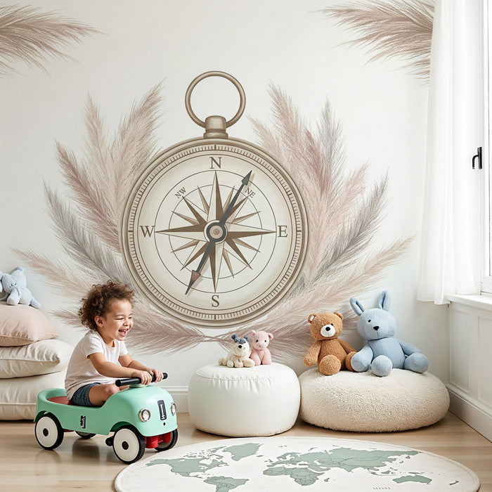 Papel de parede quarto bebê | Bússola delicada cercada por penas suaves
