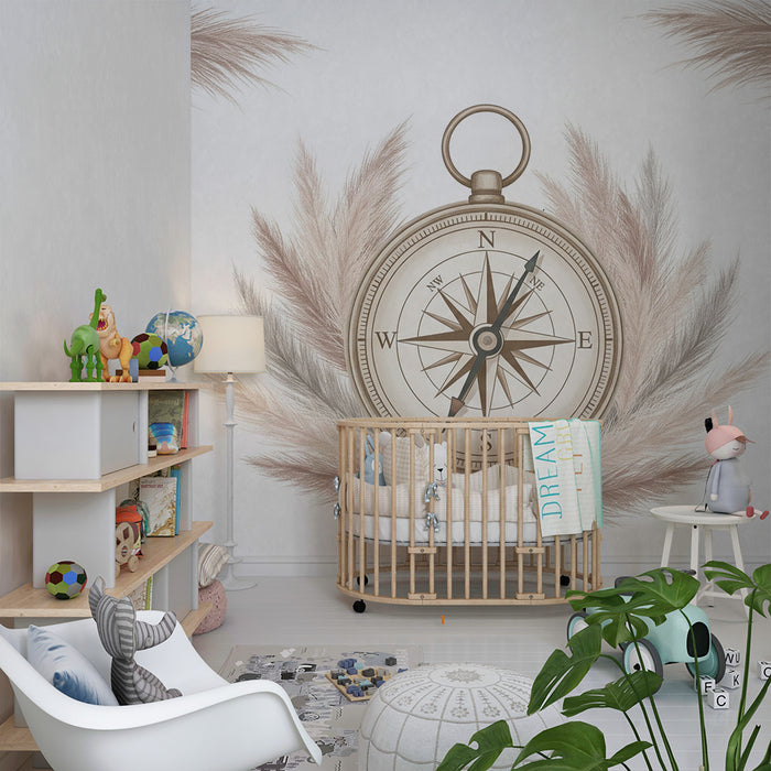 Papel de parede quarto bebê | Bússola delicada cercada por penas suaves