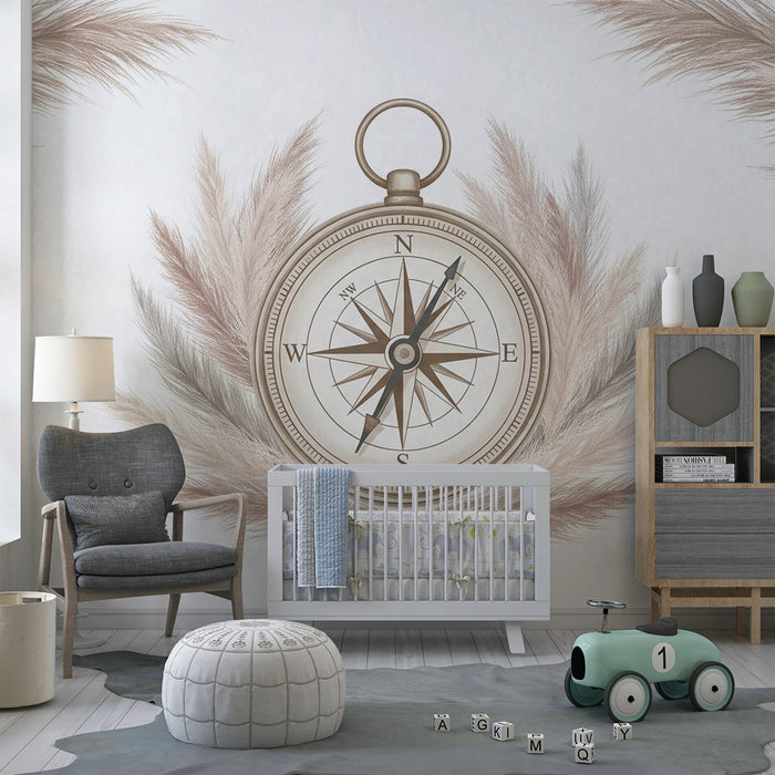 Papel de parede quarto bebê | Bússola delicada cercada por penas suaves