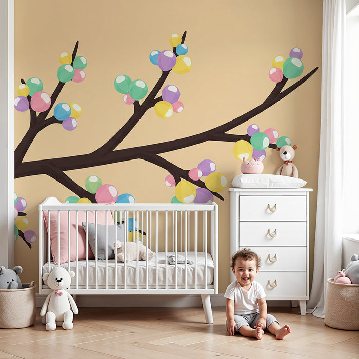 Vegg tapet for barnerom | Fargerik gren med pastellkuler