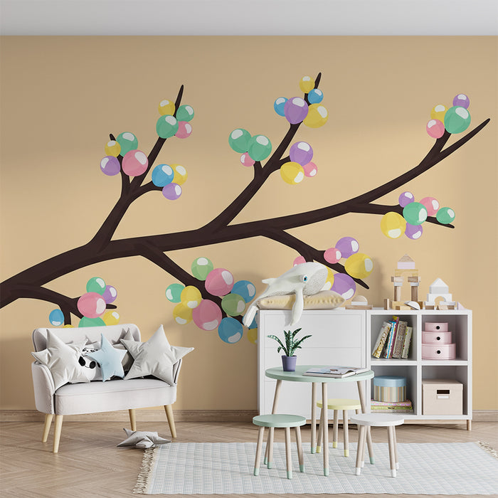 Vegg tapet for barnerom | Fargerik gren med pastellkuler