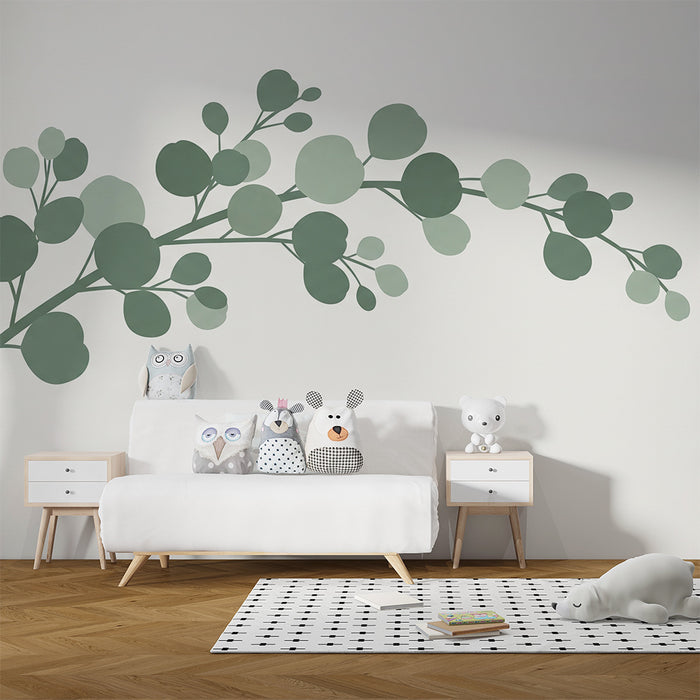 Papier peint chambre bébé | Branche de feuillage délicat dans des tons verts apaisants