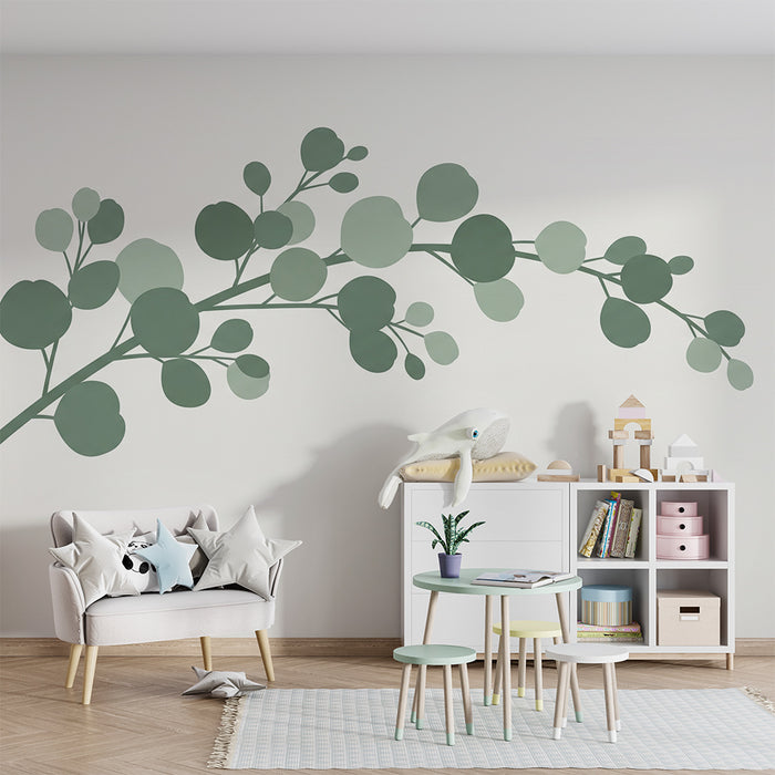 Papier peint chambre bébé | Branche de feuillage délicat dans des tons verts apaisants
