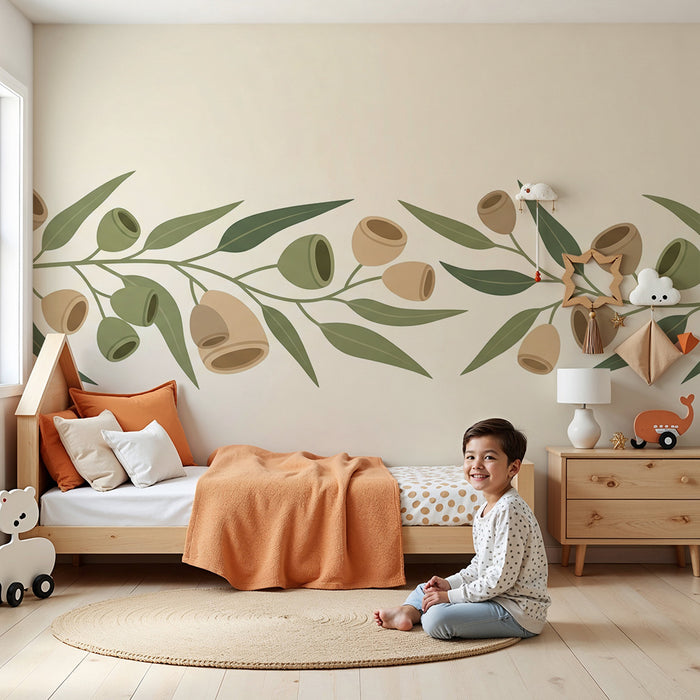 Babyzimmer Tapete | Zarte Olivenzweige mit grünen und beigen Blättern