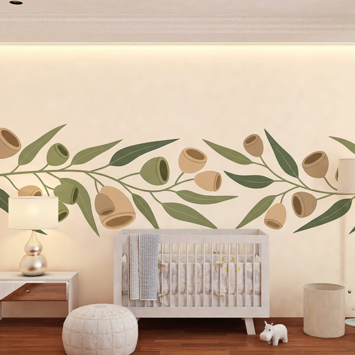 Babyzimmer Tapete | Zarte Olivenzweige mit grünen und beigen Blättern