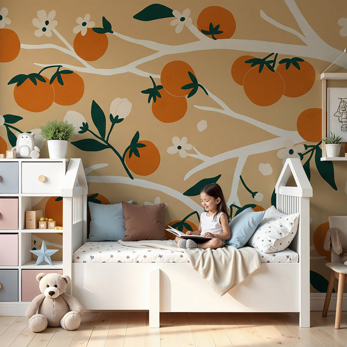 Nursery Wallpaper | Delicate Flowering Orange Branches on a Soft Background