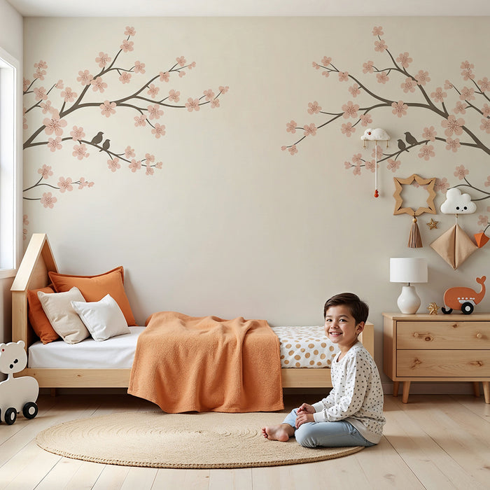 Papier peint chambre bébé | Branches de cerisier en fleurs avec oiseaux délicats