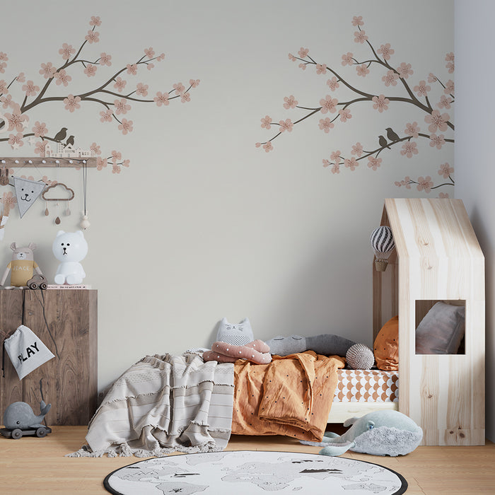 Papier peint chambre bébé | Branches de cerisier en fleurs avec oiseaux délicats