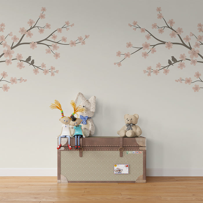 Papier peint chambre bébé | Branches de cerisier en fleurs avec oiseaux délicats